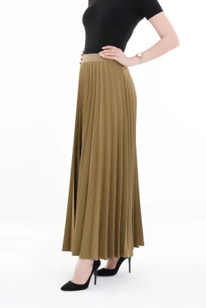 Khaki Pleated Maxi Skirt Elastic Waist Band Ankle Length Plisse Skirt