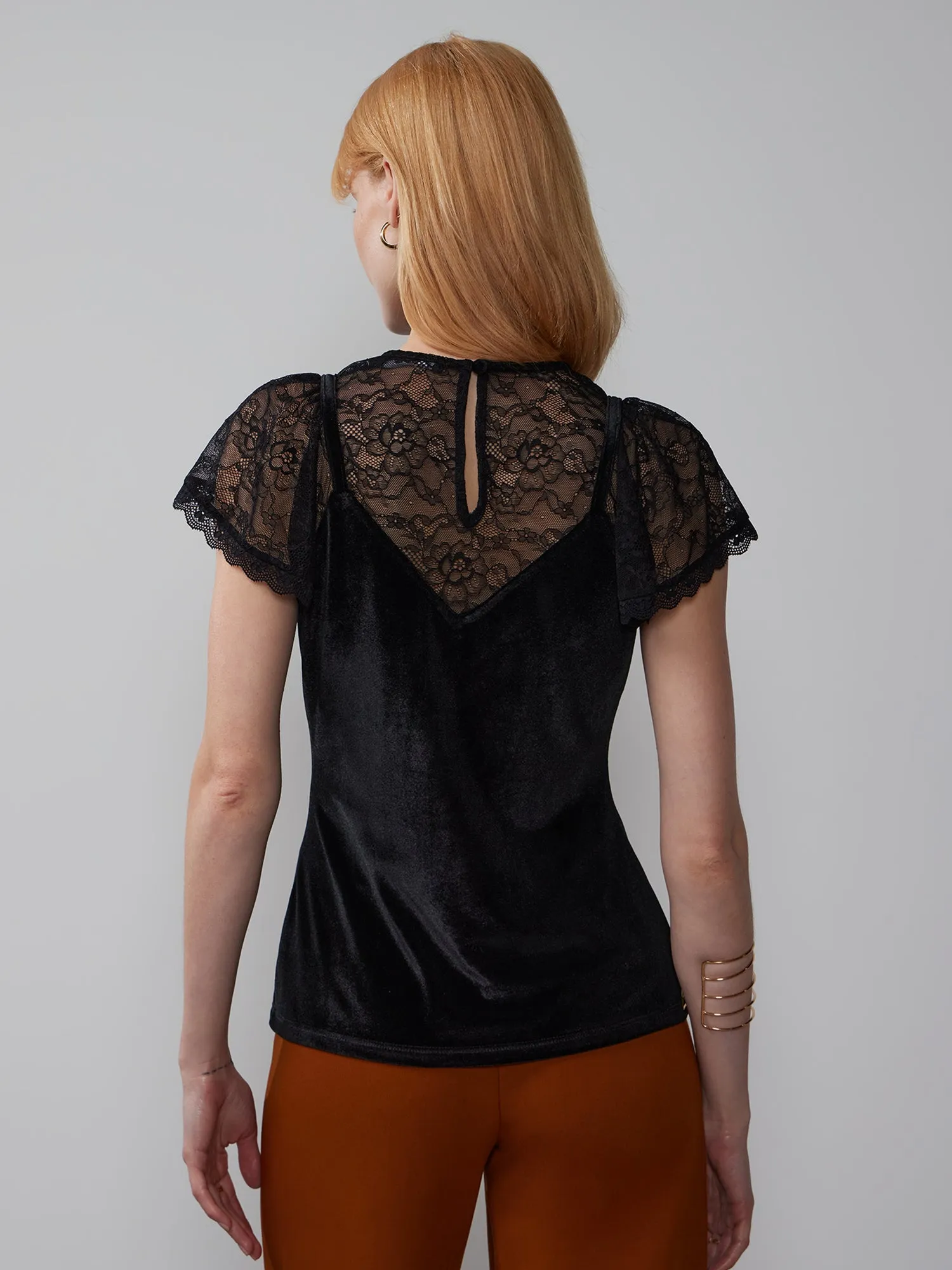 Lace Sleeve Illusion Neck Velvet Blouse