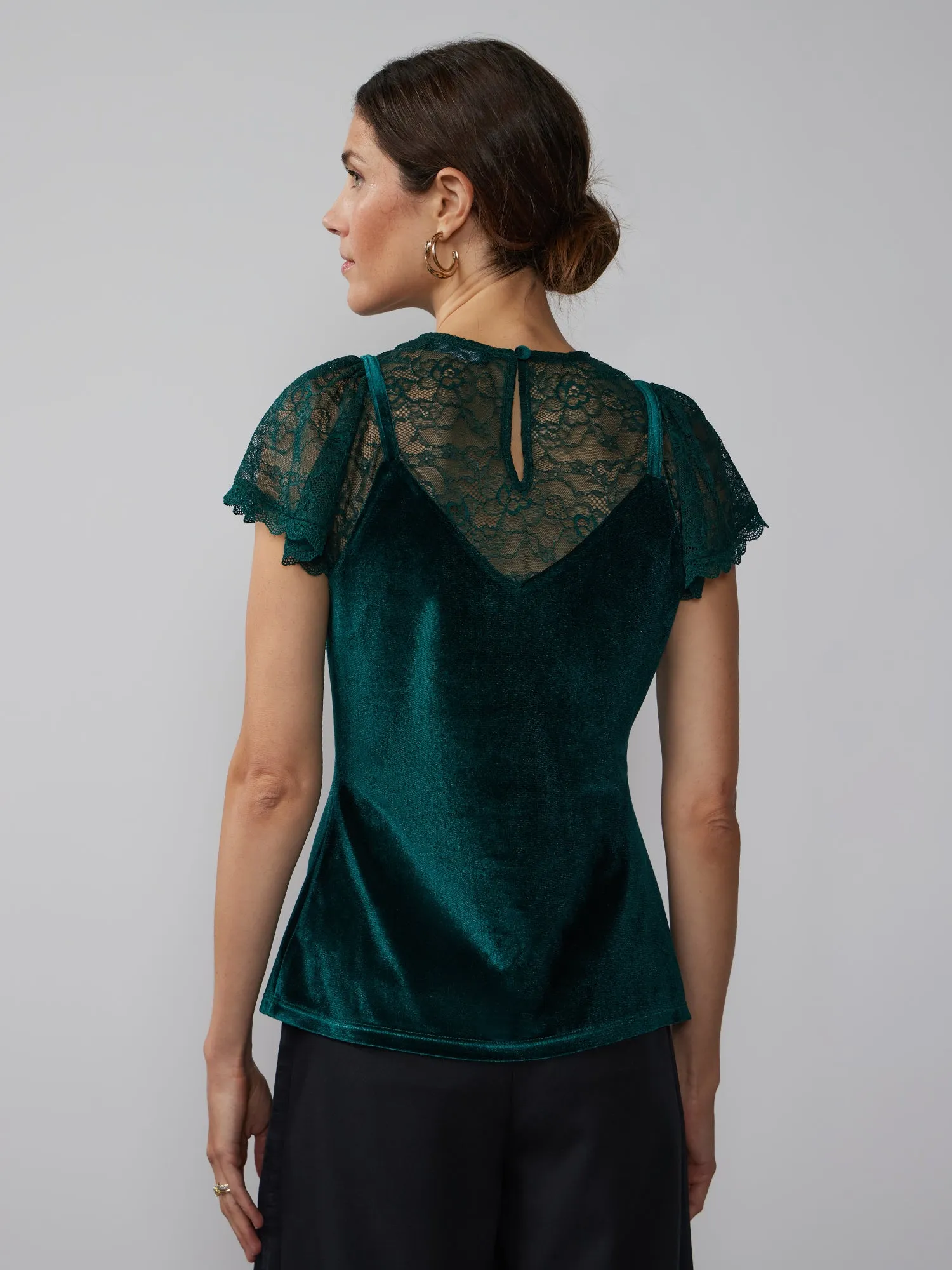 Lace Sleeve Illusion Neck Velvet Blouse