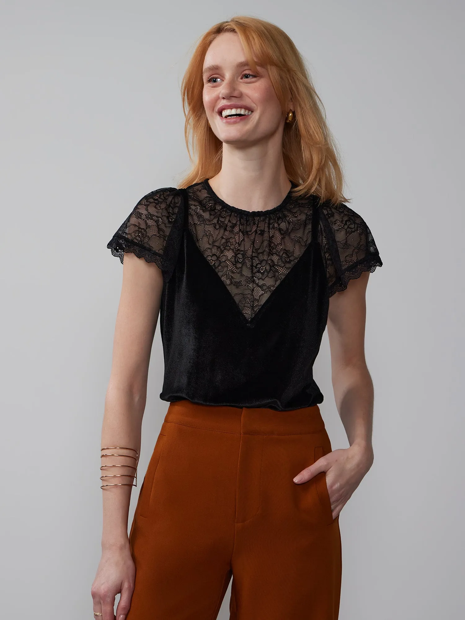 Lace Sleeve Illusion Neck Velvet Blouse