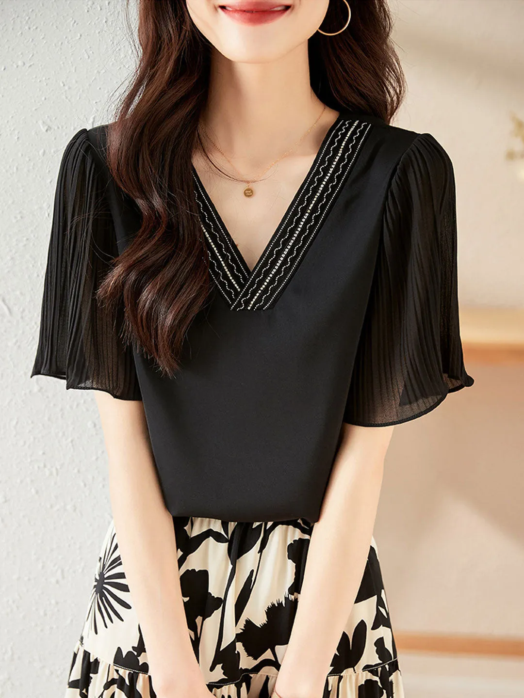 Layla Elegant V-Neck Flare Sleeve Chiffon Top