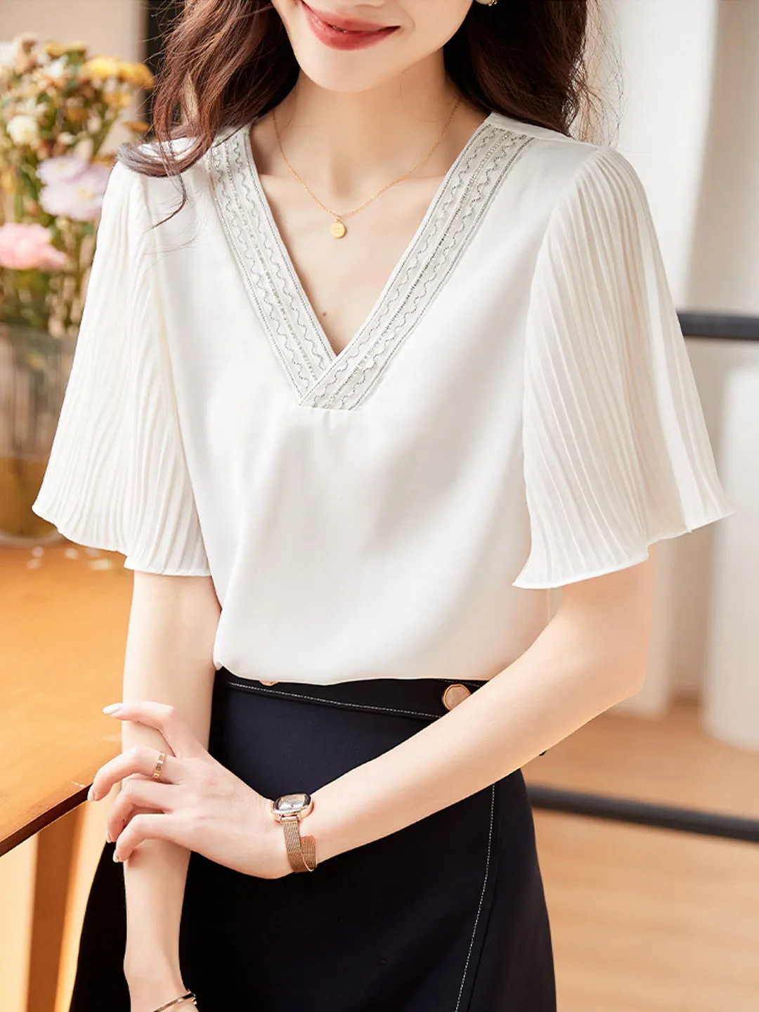 Layla Elegant V-Neck Flare Sleeve Chiffon Top