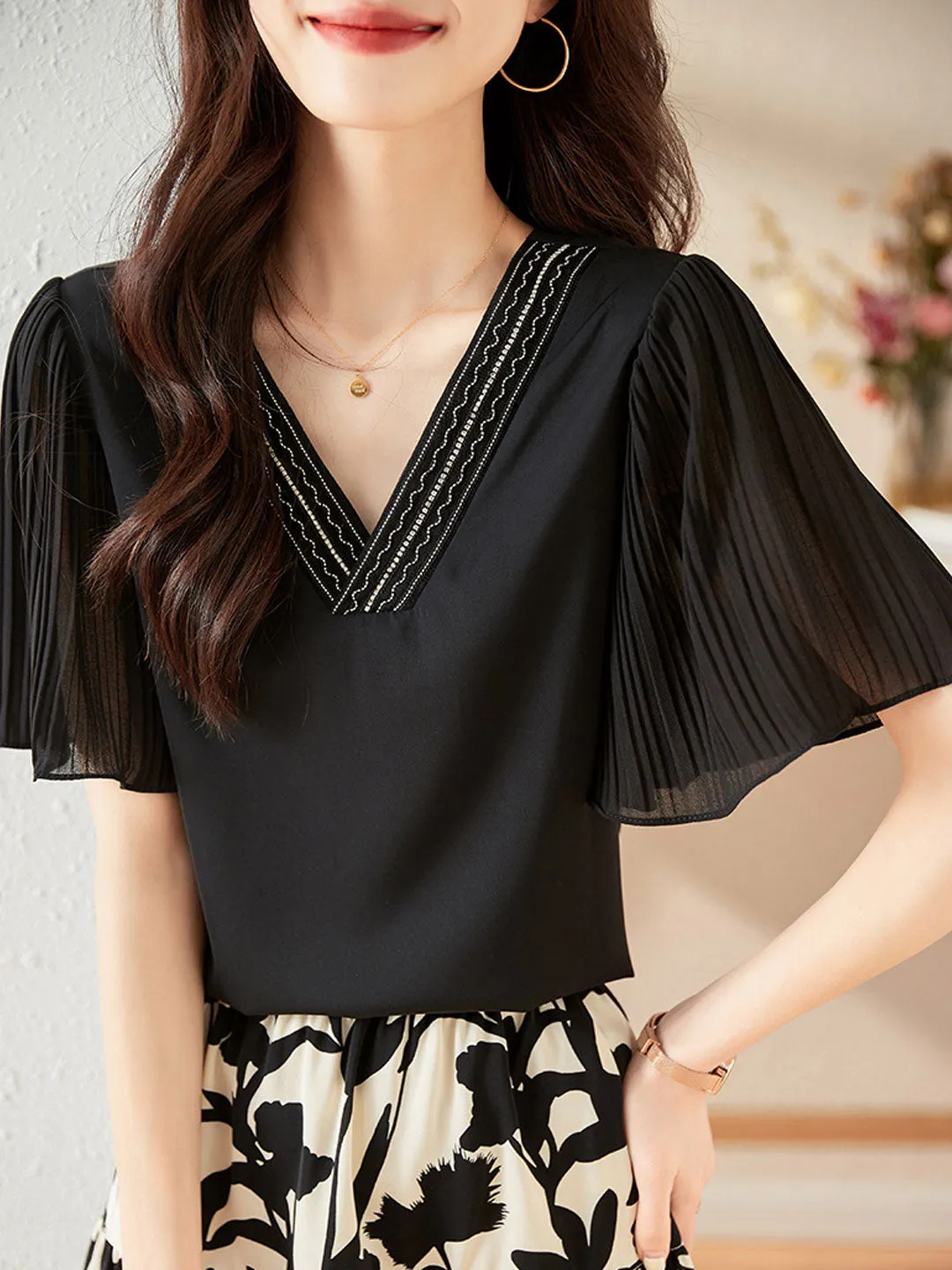 Layla Elegant V-Neck Flare Sleeve Chiffon Top