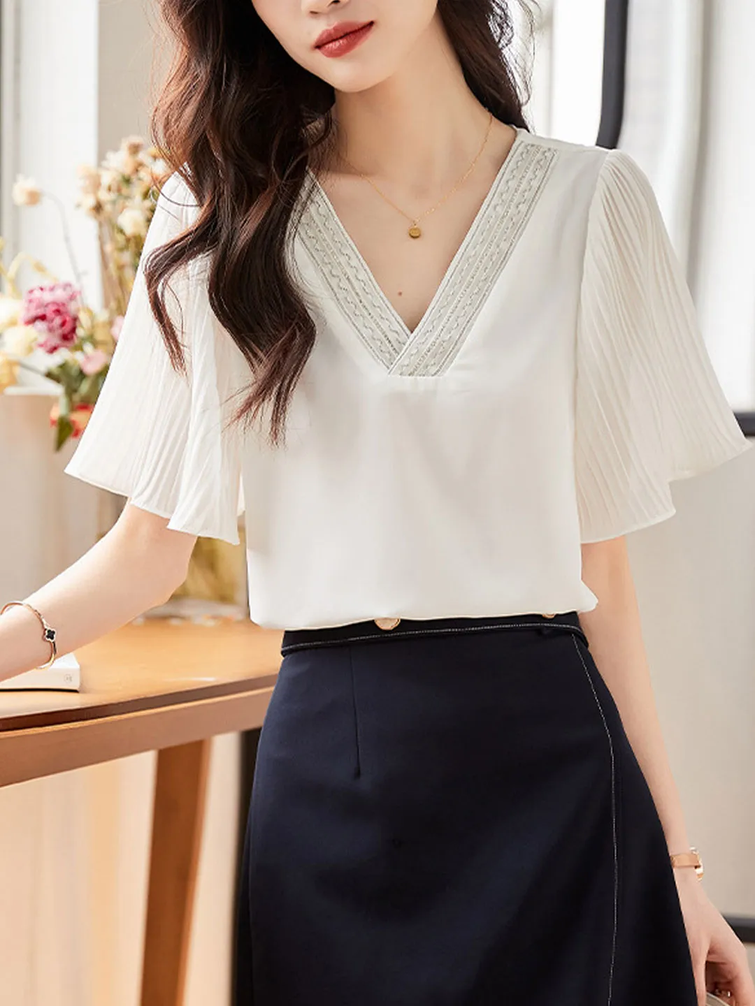 Layla Elegant V-Neck Flare Sleeve Chiffon Top