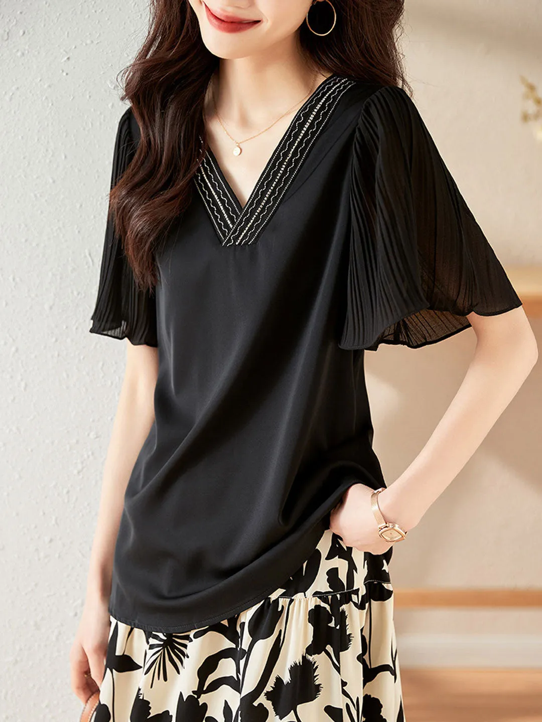 Layla Elegant V-Neck Flare Sleeve Chiffon Top