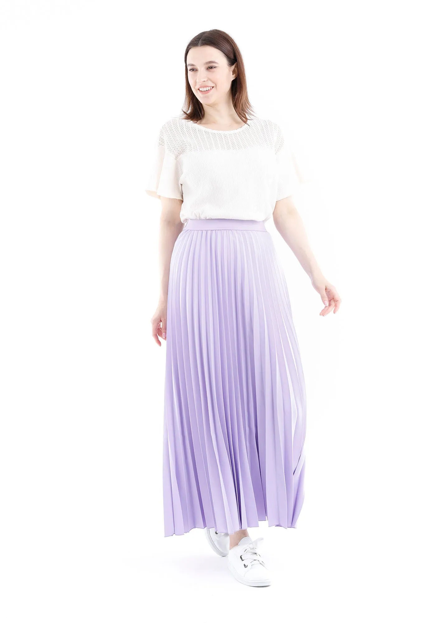 Lilac Pleated Maxi Skirt Elastic Waist Band Ankle Length Plisse Skirt