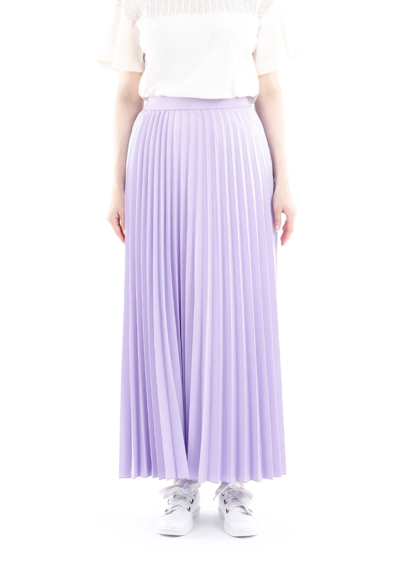 Lilac Pleated Maxi Skirt Elastic Waist Band Ankle Length Plisse Skirt