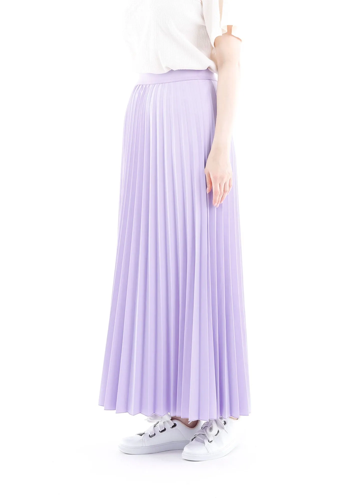 Lilac Pleated Maxi Skirt Elastic Waist Band Ankle Length Plisse Skirt