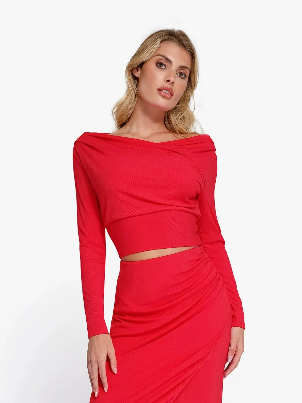 Long-Sleeve Rib Modal Off-the-Shoulder Slimming Crop Top