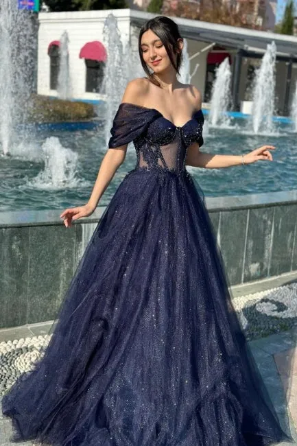 Luxurious A-Line Tulle Off-The-Shoulder Sleeveless Prom Dress With Appliques