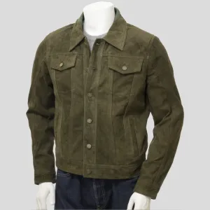 Mens Green Suede Leather Trucker Jacket