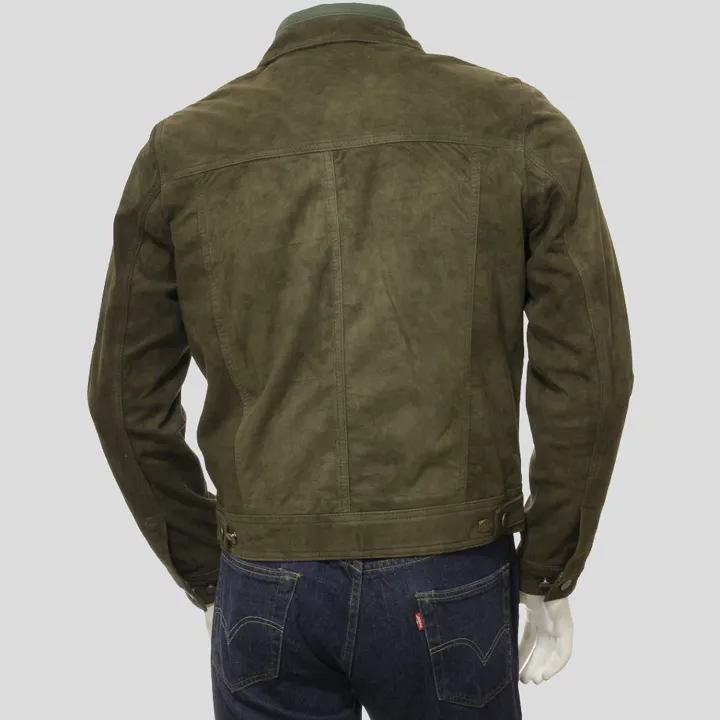 Mens Green Suede Leather Trucker Jacket