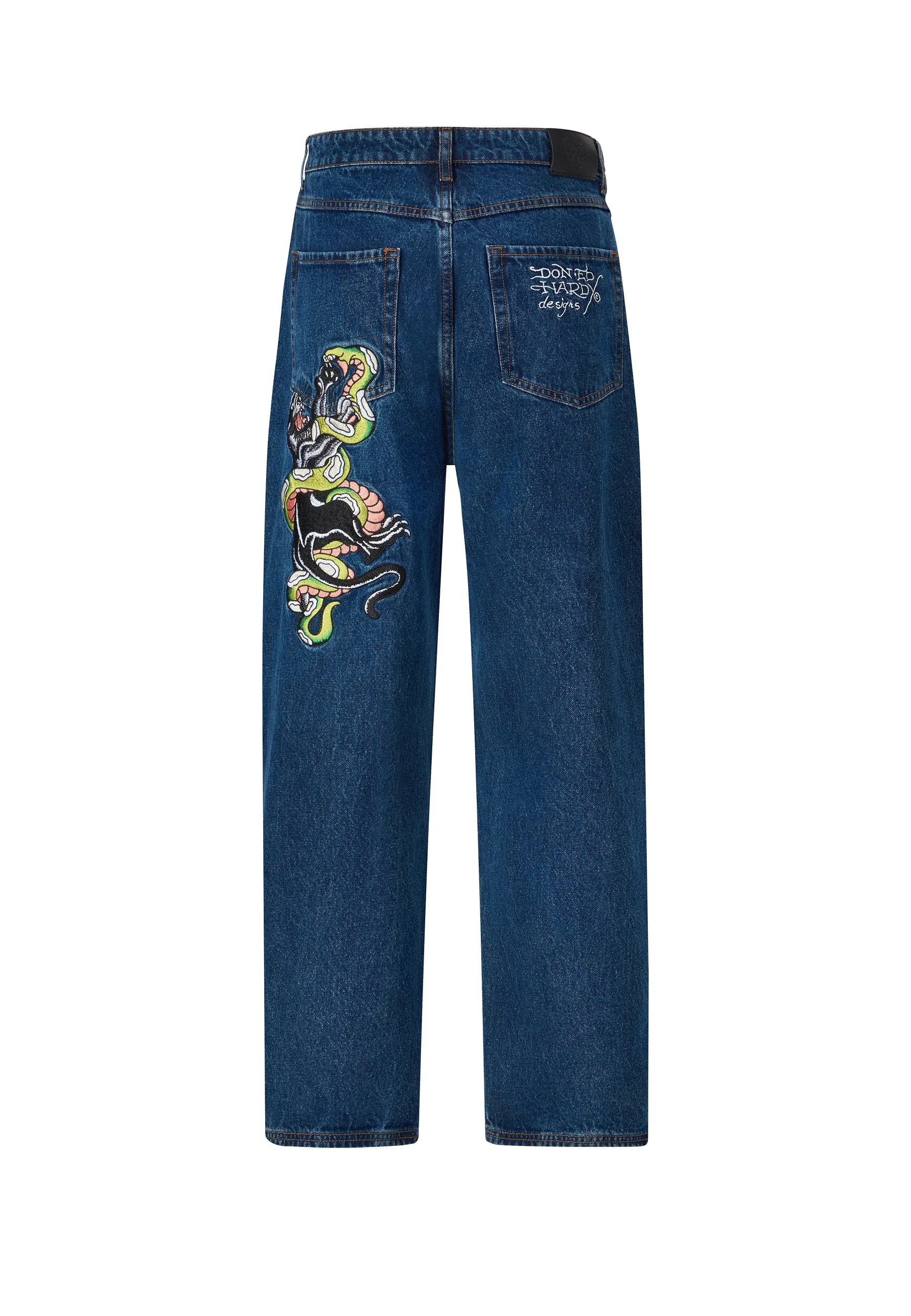 Mens Panther-Slither Tattoo Graphic Relaxed Denim Trousers Jeans - Indigo