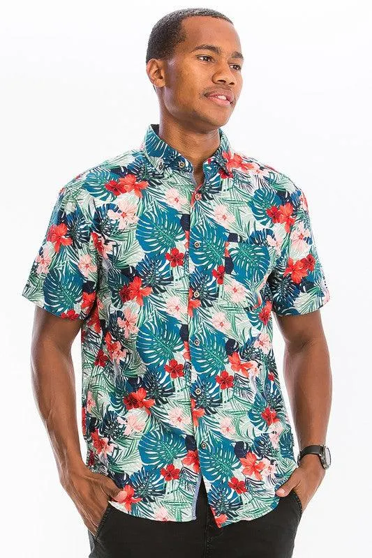 Mens Print Hawaiian Button Down Shirt WS7011