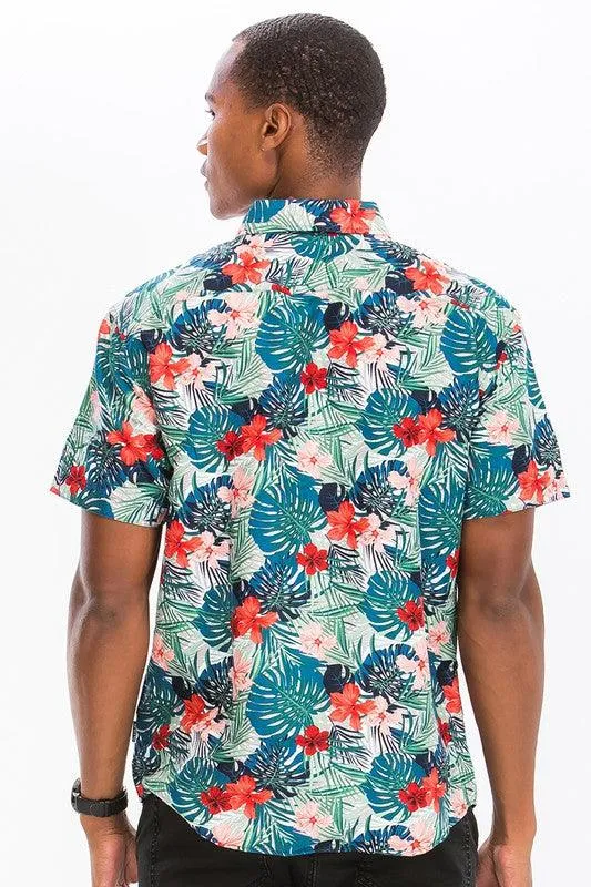 Mens Print Hawaiian Button Down Shirt WS7011