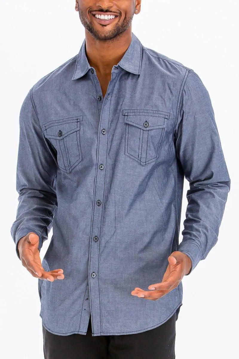 Mens Stitched Trim Button Down Shirt Two Pockets