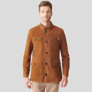 Mens Tan Brown Suede Leather Trucker Coat