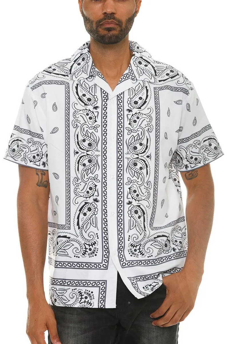 Mens White Black Paisley Print Button Down Shirt