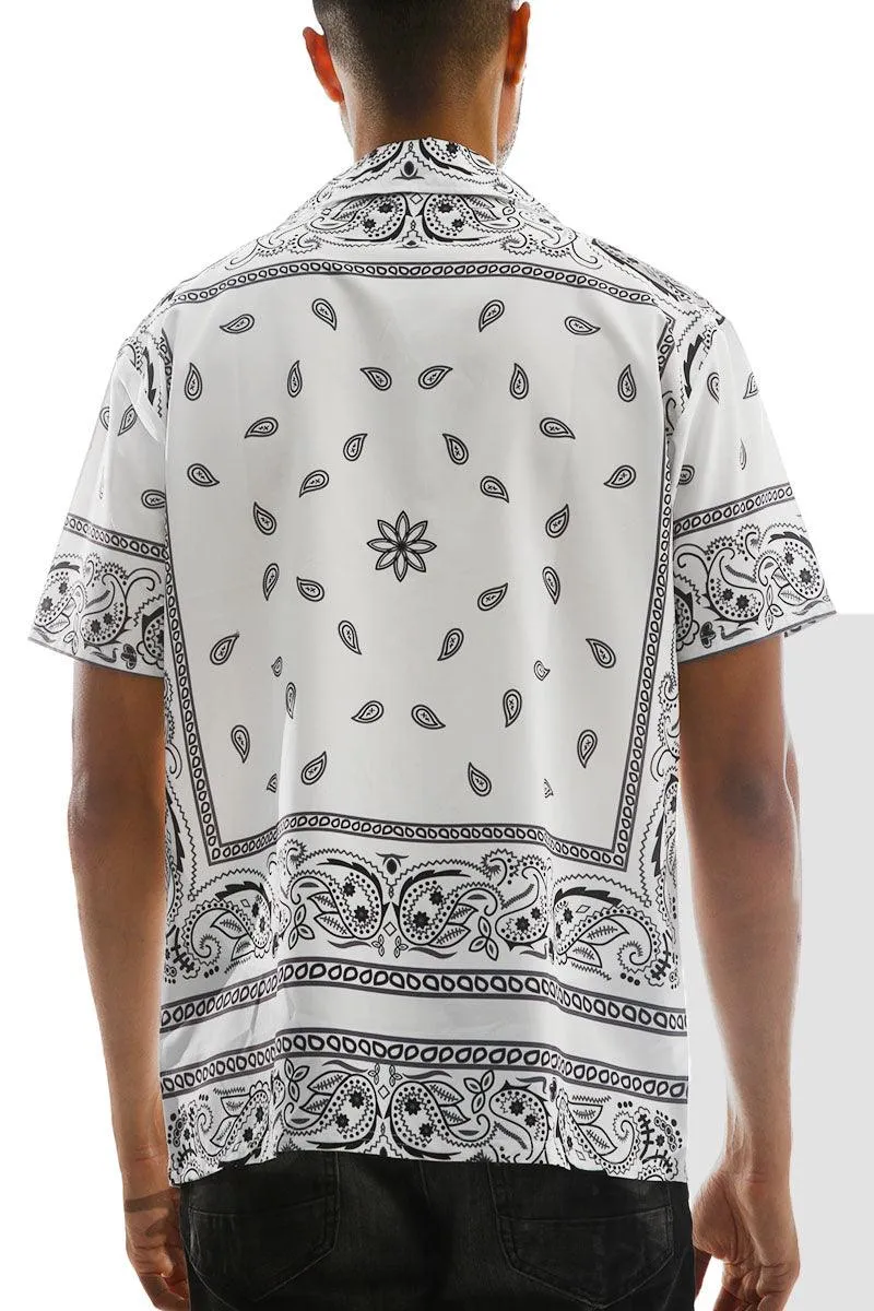 Mens White Black Paisley Print Button Down Shirt