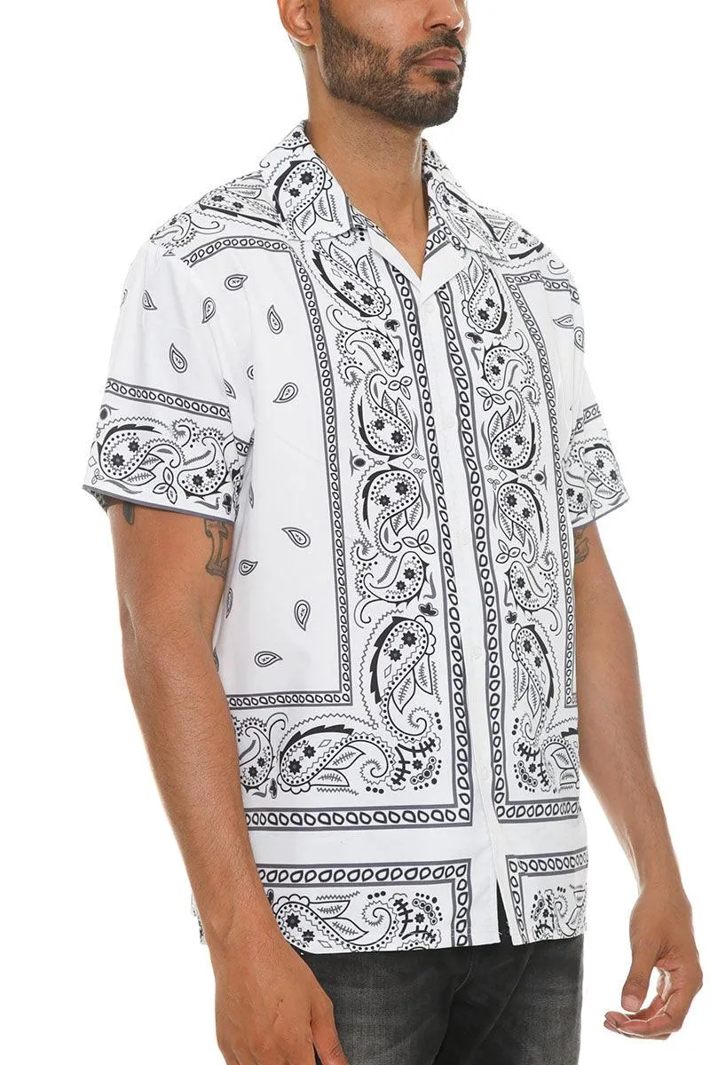 Mens White Black Paisley Print Button Down Shirt