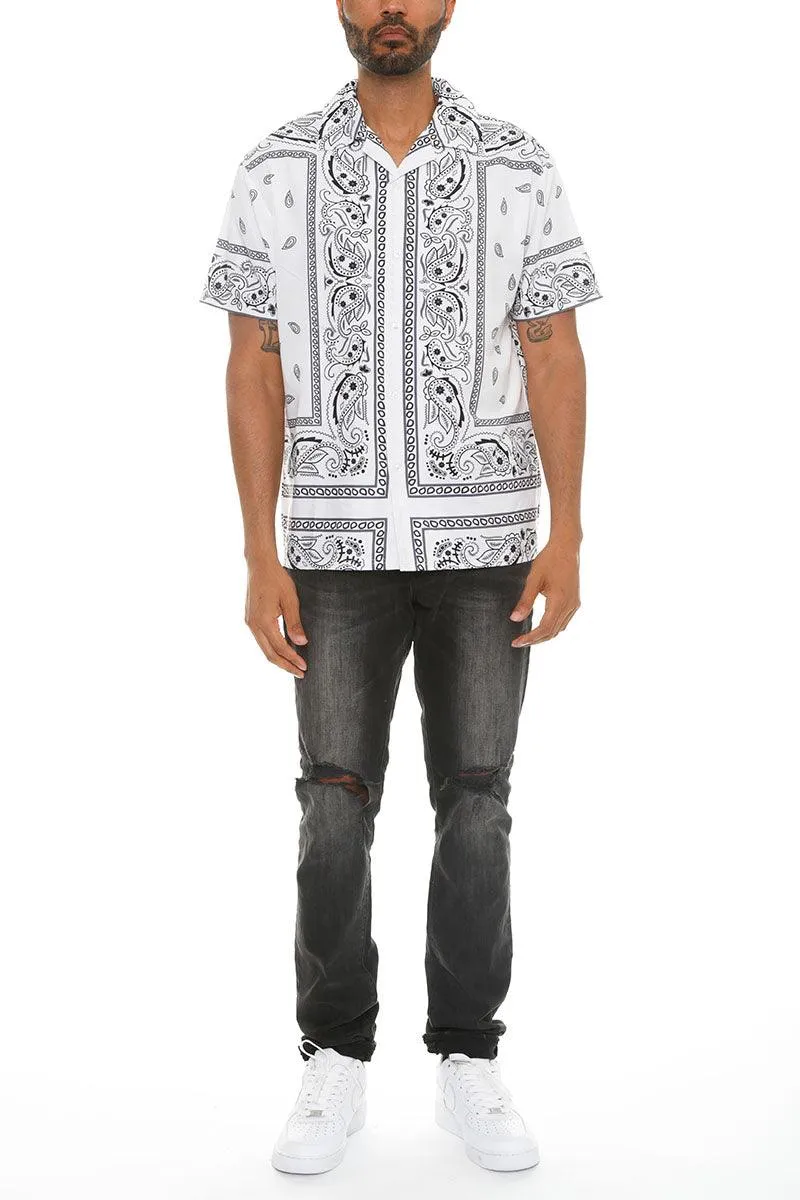 Mens White Black Paisley Print Button Down Shirt