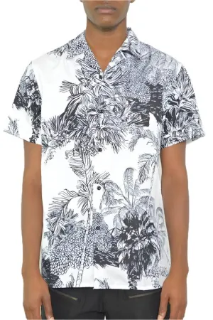 Men's White Black Print Button Down Shirt