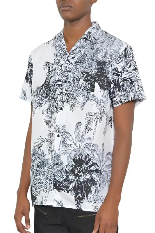 Men's White Black Print Button Down Shirt