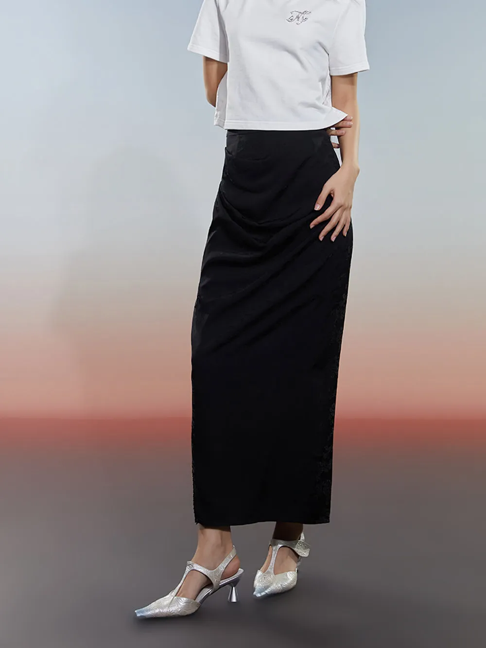 MUKZIN Black Slit Pleated Slim Skirt