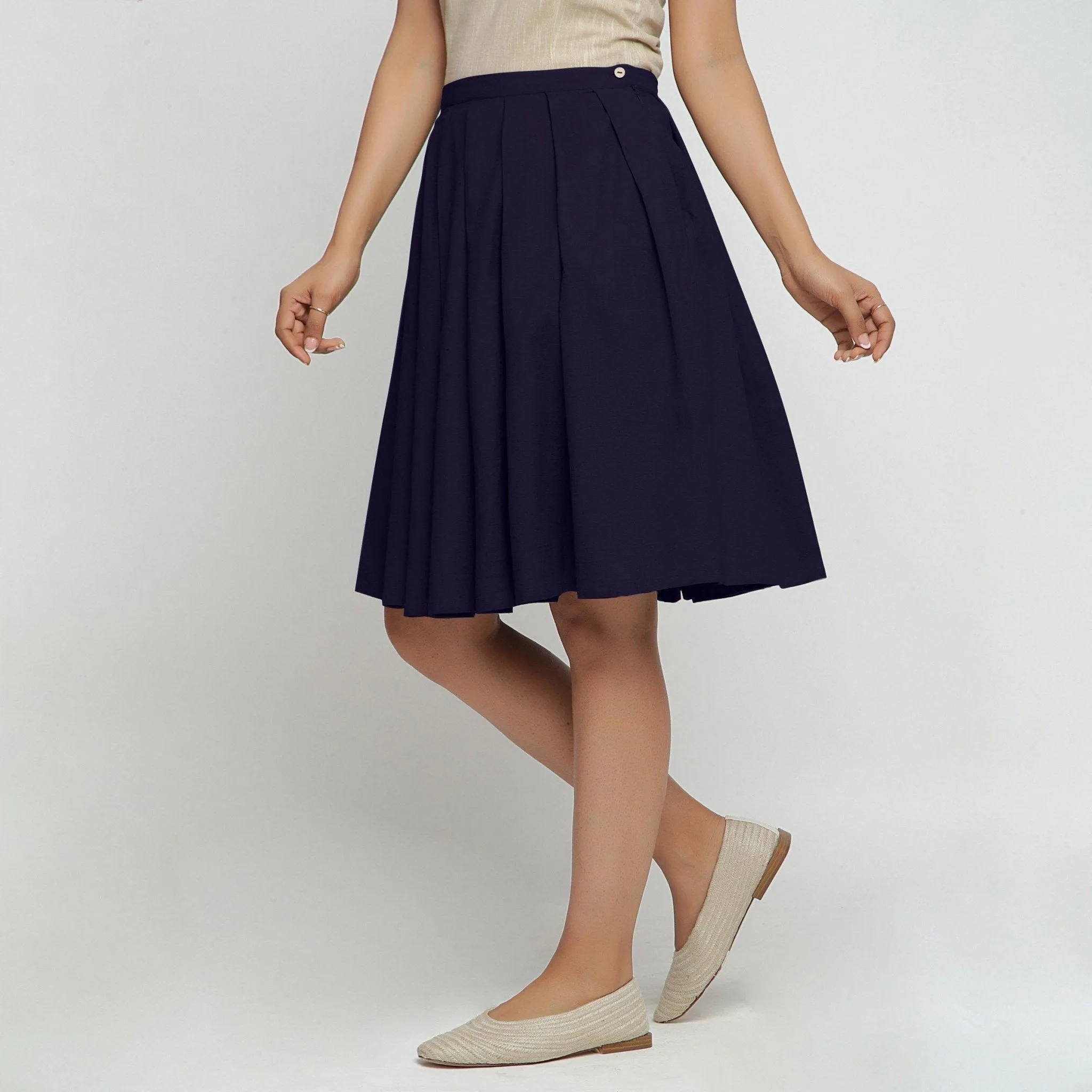 Navy Blue Cotton Flax Pleated Knee Length Skirt