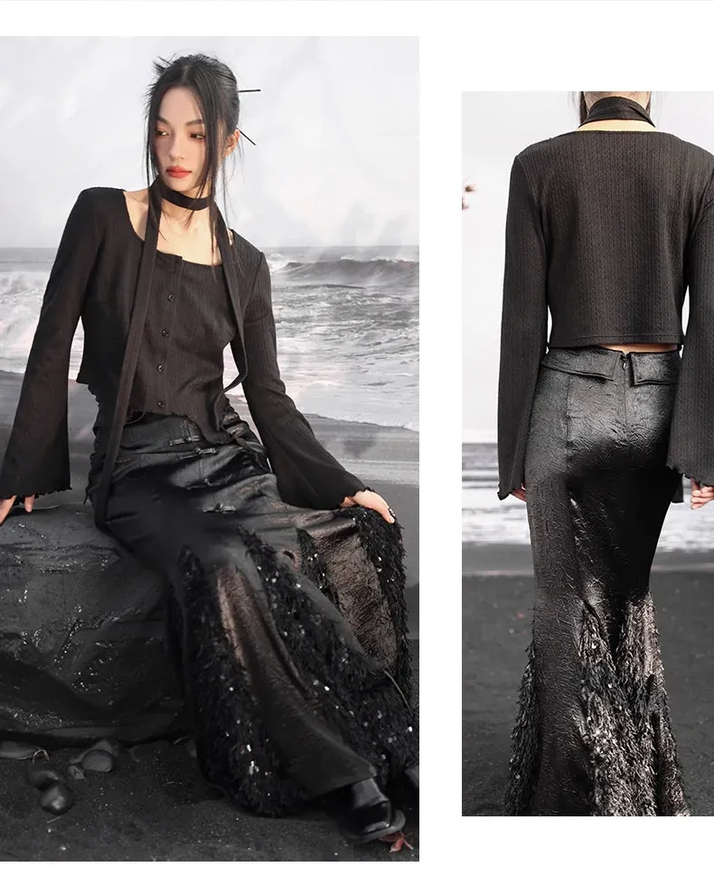 New Chinese Style: Exquisite and elegant sequined feather satin skirt suit with dark fishtail skirt& black flared sweater top