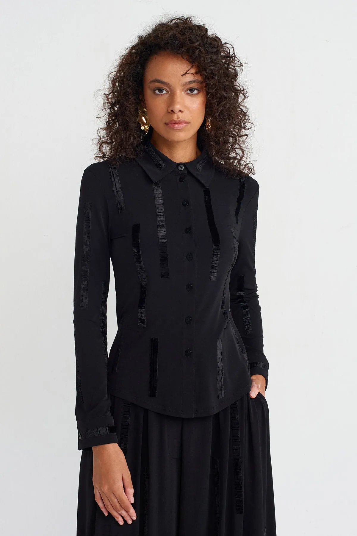 Nu Velvet Striped Chic Shirt Black