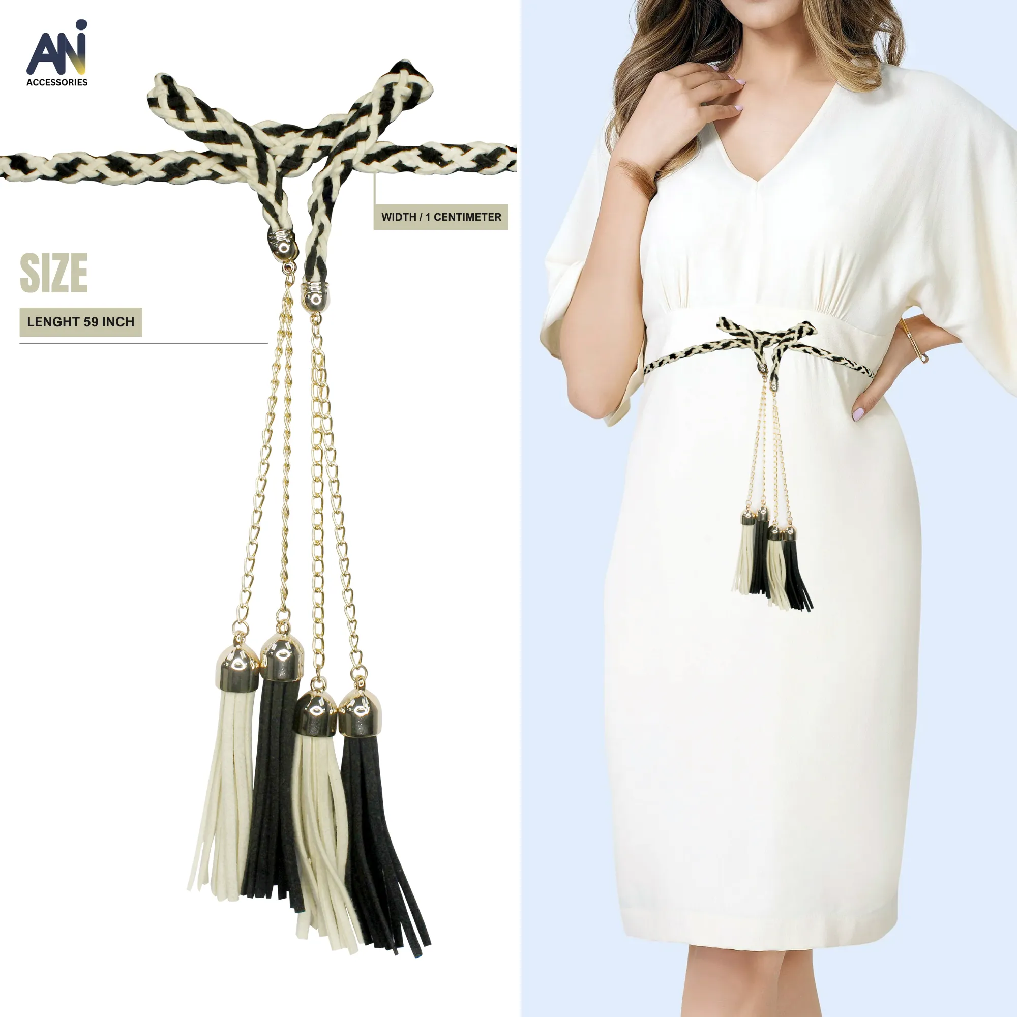 Off-white and black Braided Tassel Cord belt