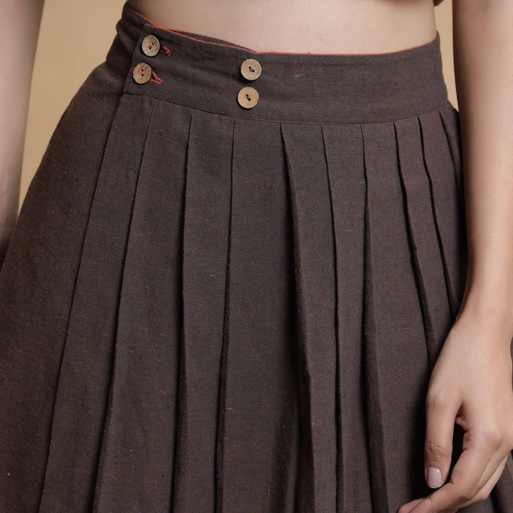 Orange and Brown Reversible Cotton Pleated Knee Length Skirt