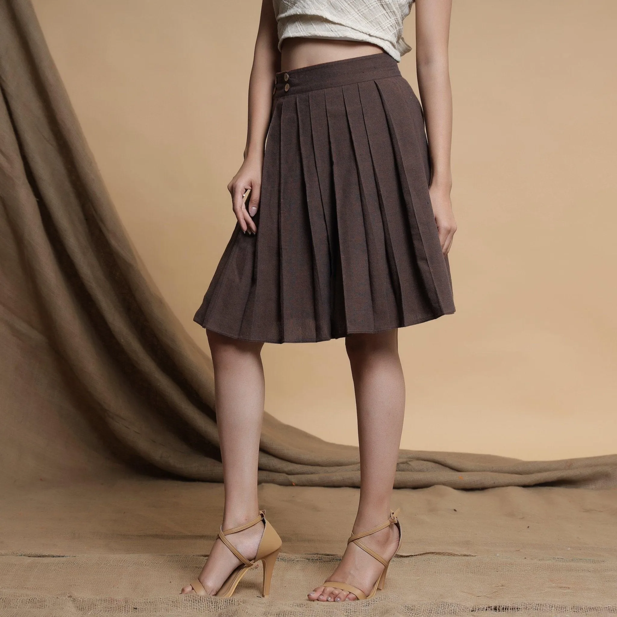 Orange and Brown Reversible Cotton Pleated Knee Length Skirt