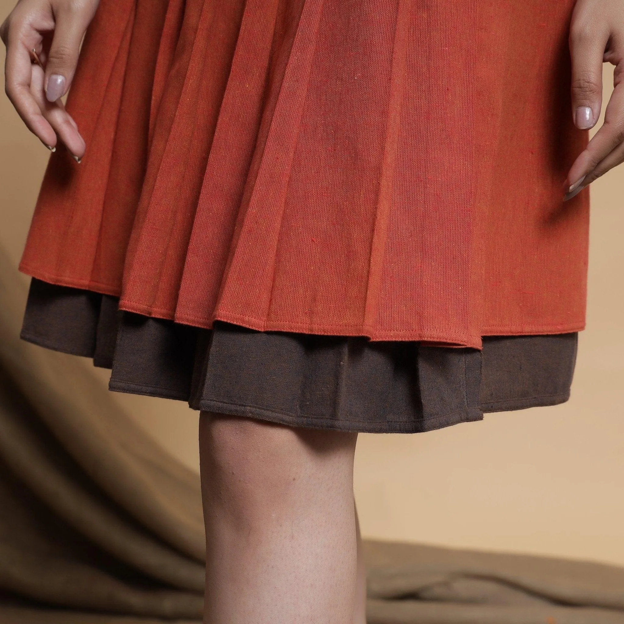 Orange and Brown Reversible Cotton Pleated Knee Length Skirt