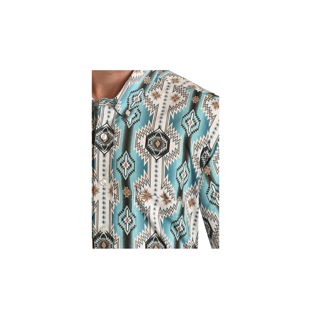 Panhandle Slim Men's Aztec Print Short Sleeve Button Turquoise Shirt