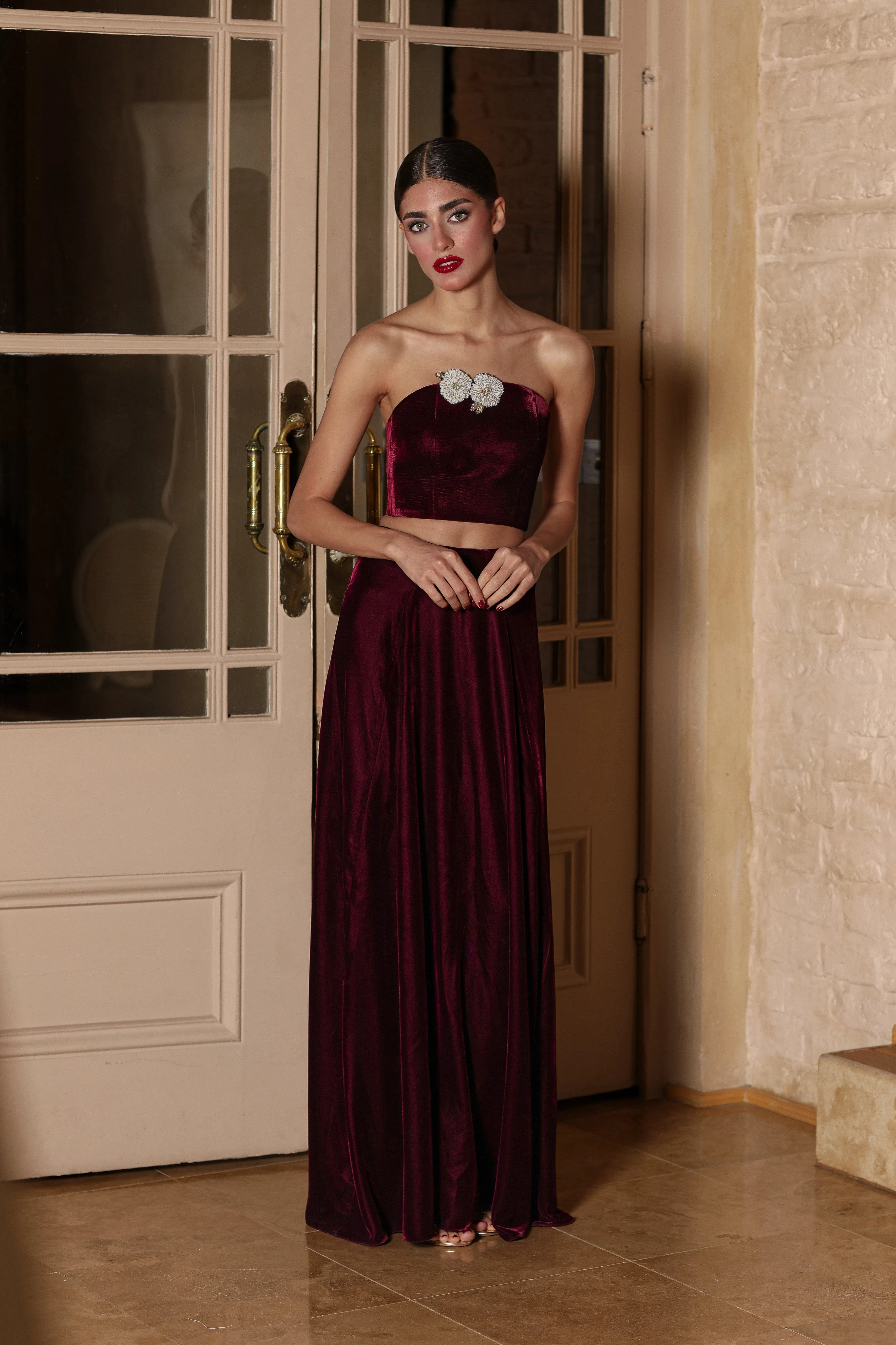 Persica Maxi Velvet Skirt - Burgundy by Rosewater House