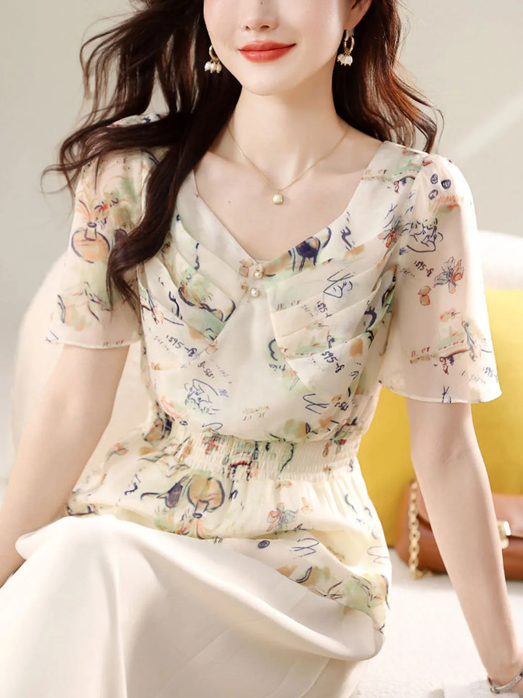 Peyton Elegant Flare Sleeve Pleated Printed Chiffon Top