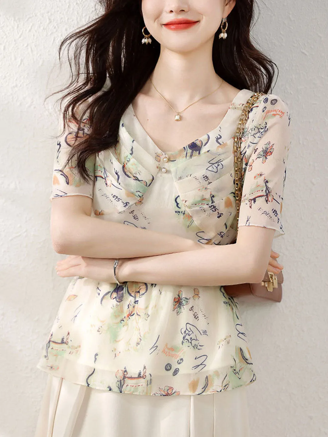 Peyton Elegant Flare Sleeve Pleated Printed Chiffon Top