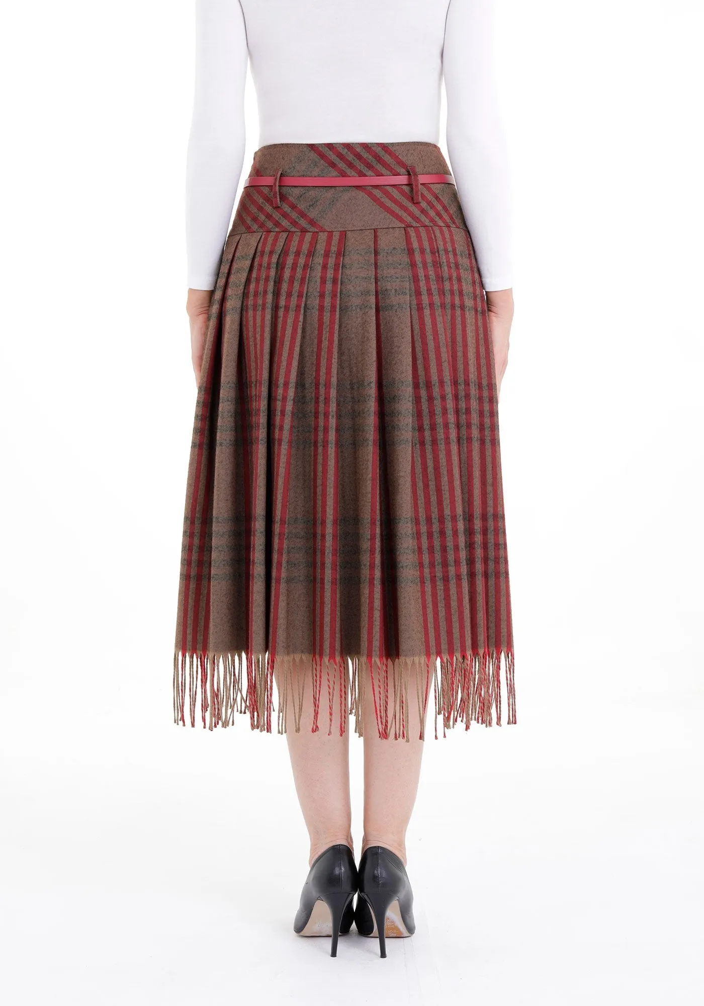 Plaid Pleated Tassel Tartan Midi Skirt