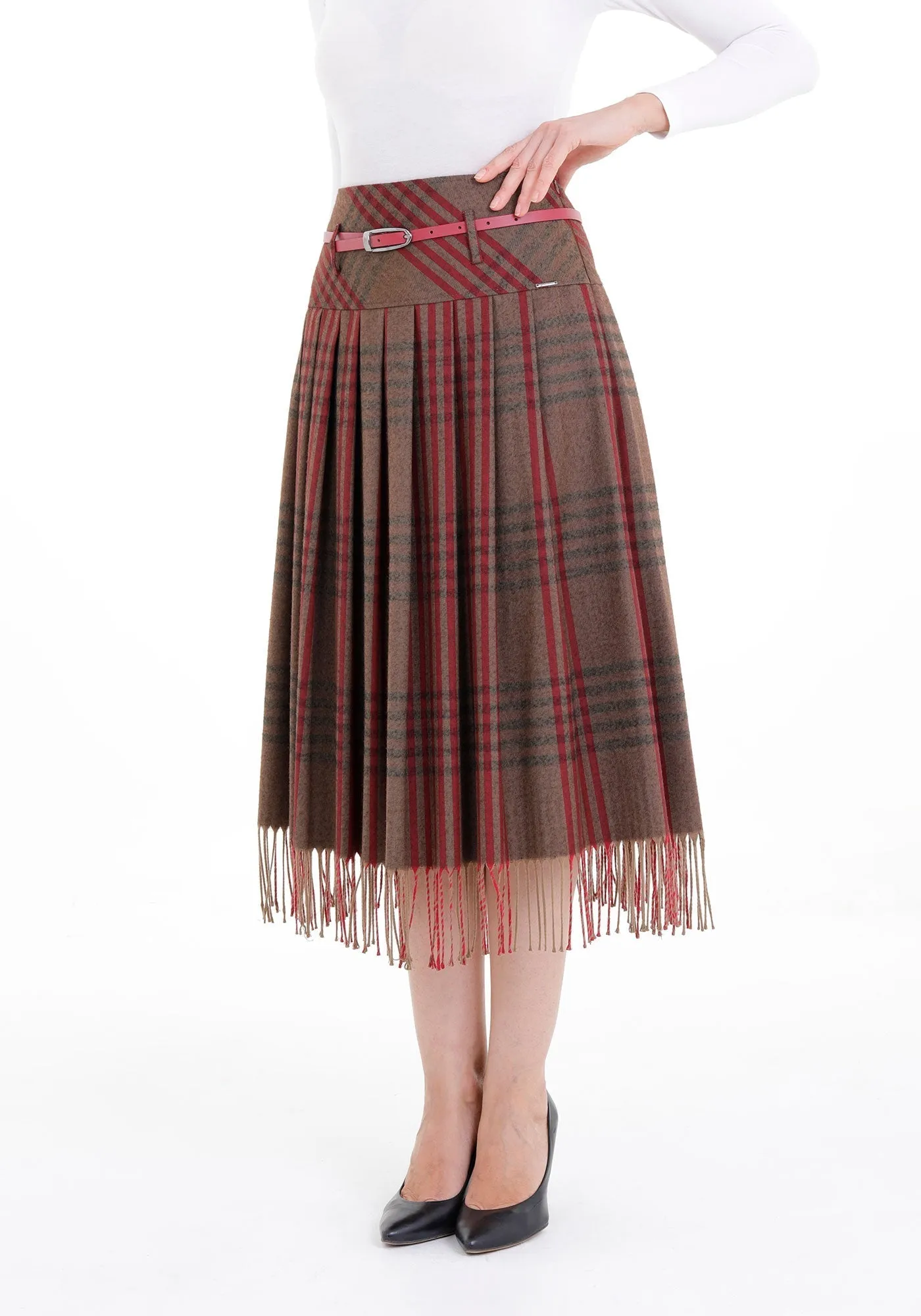 Plaid Pleated Tassel Tartan Midi Skirt