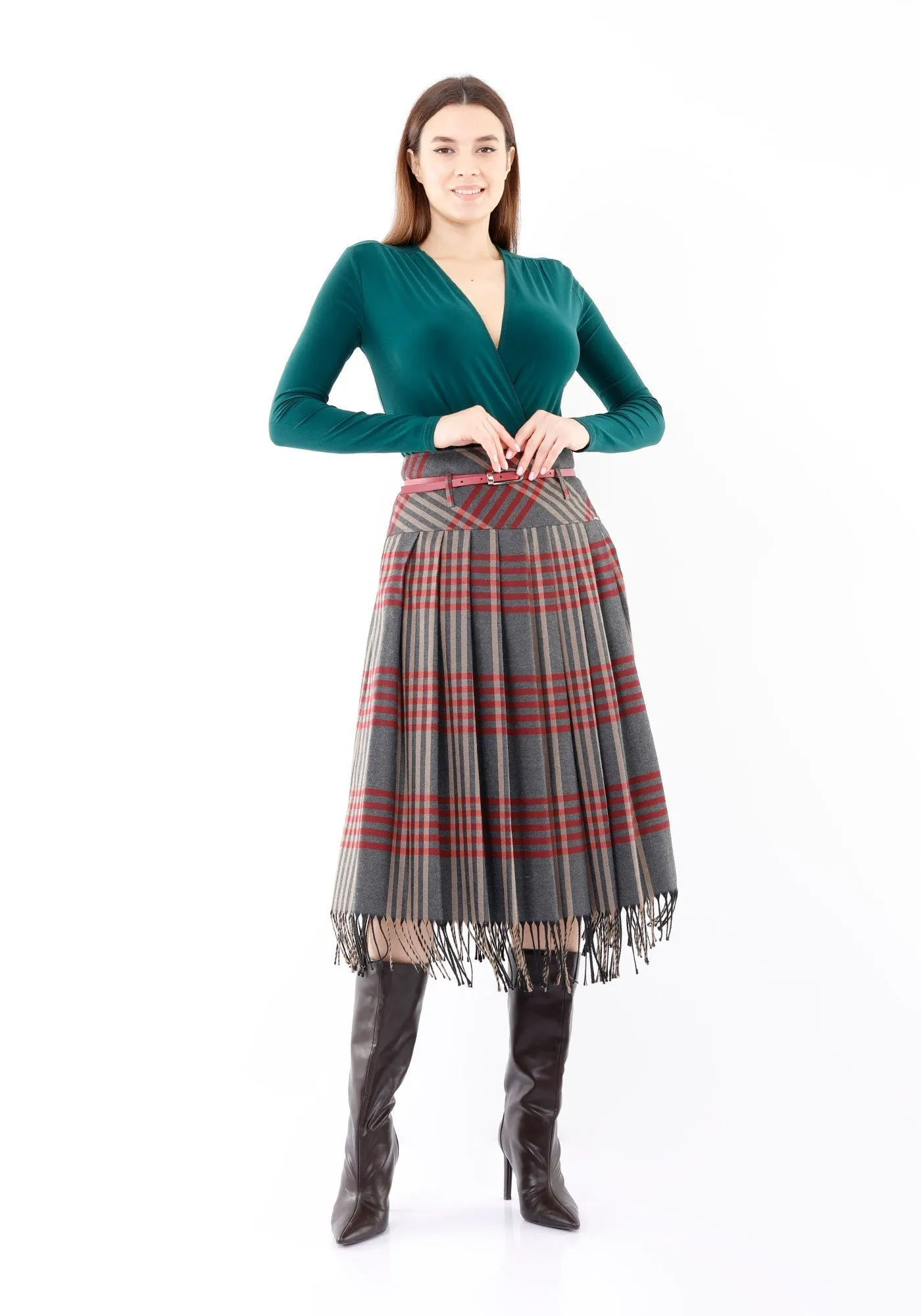 Plaid Pleated Tassel Tartan Midi Skirt