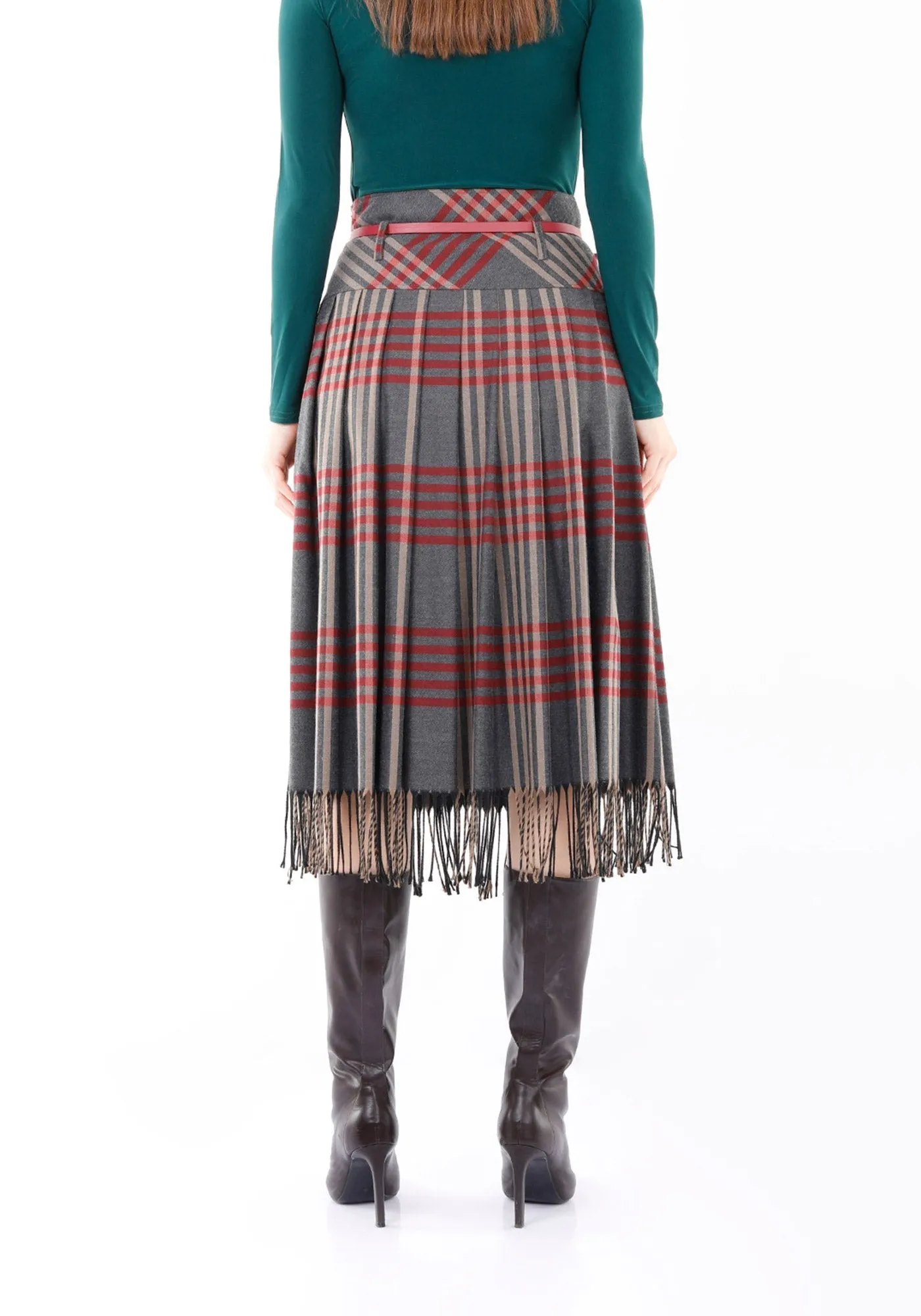 Plaid Pleated Tassel Tartan Midi Skirt