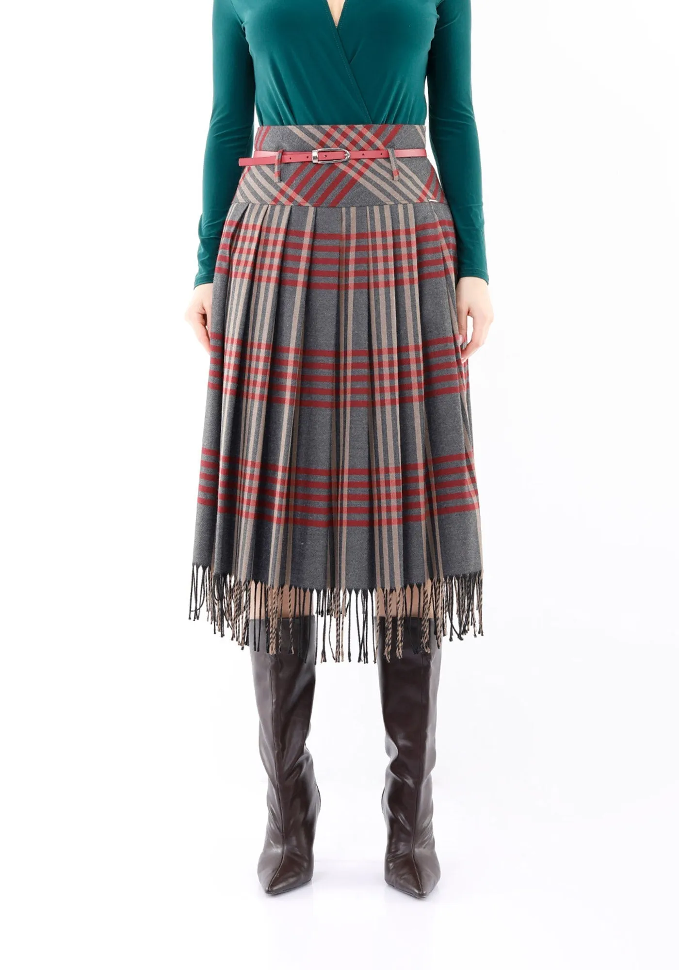 Plaid Pleated Tassel Tartan Midi Skirt