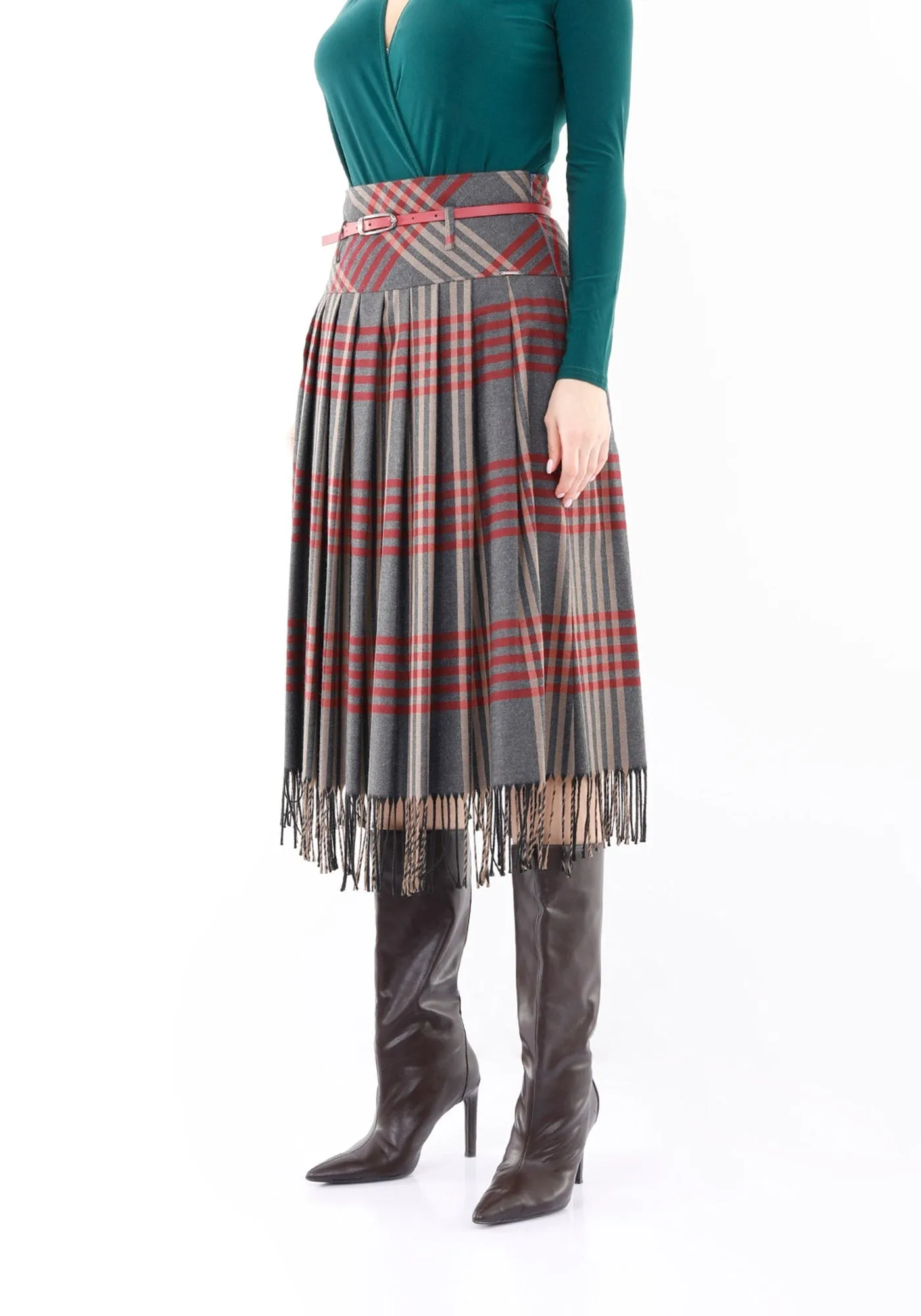 Plaid Pleated Tassel Tartan Midi Skirt