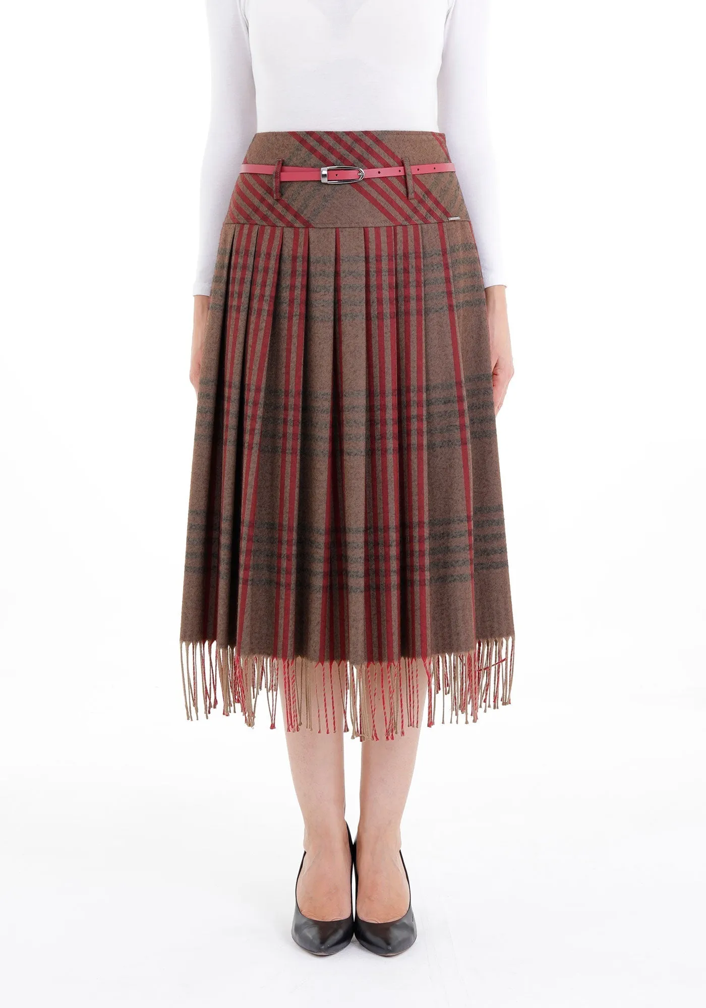 Plaid Pleated Tassel Tartan Midi Skirt