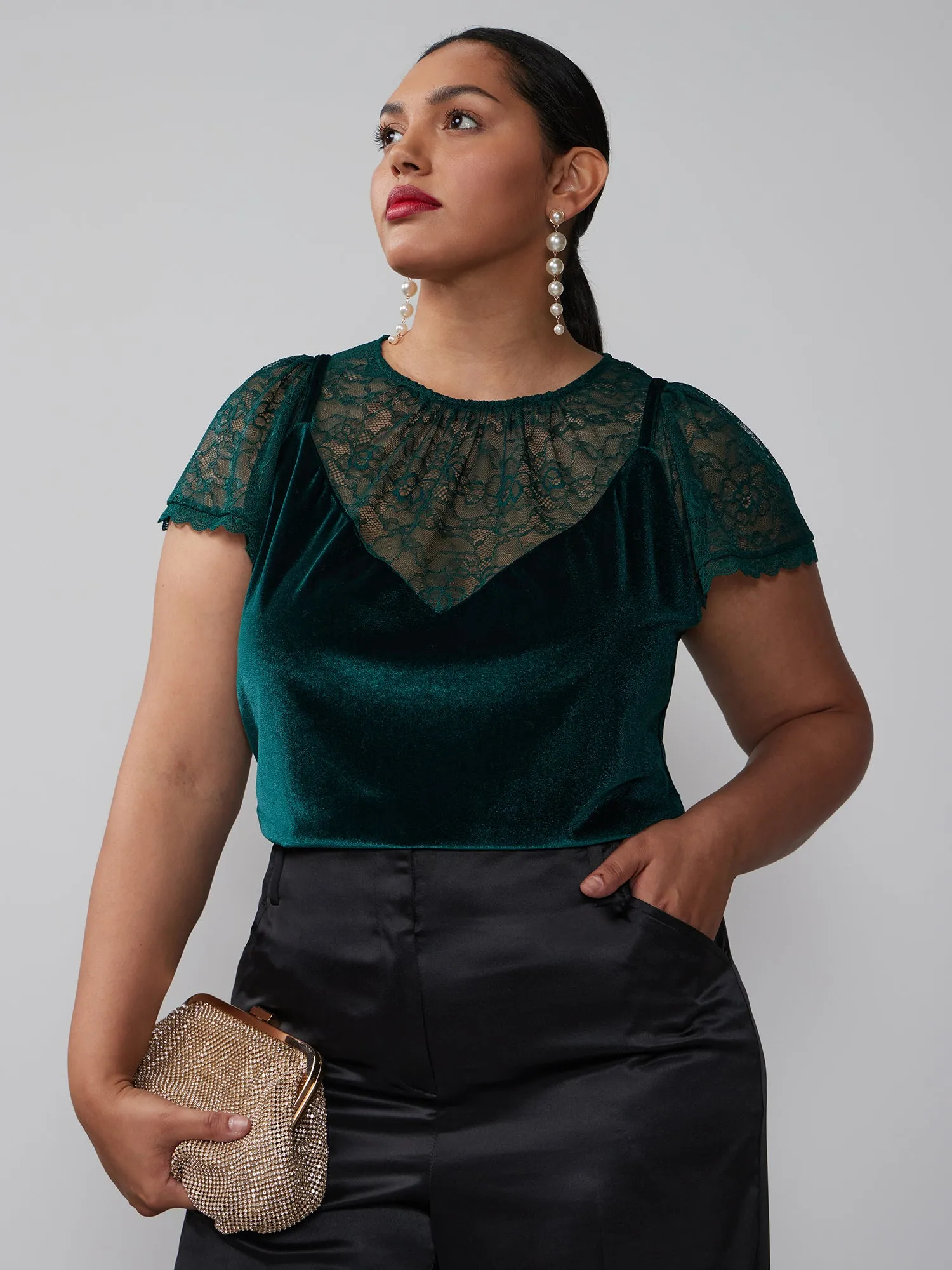 Plus Lace Sleeve Velvet Top