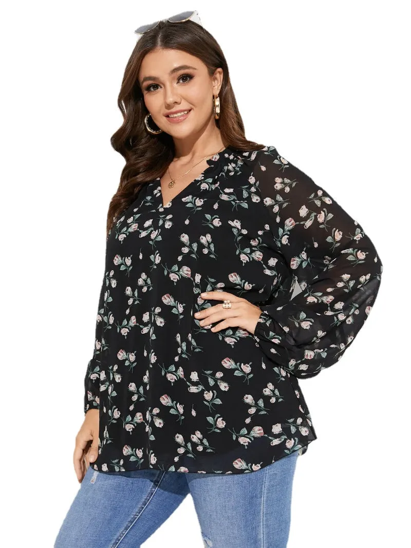 Plus Size V-neck Floral Print Long Sleeves Blouse