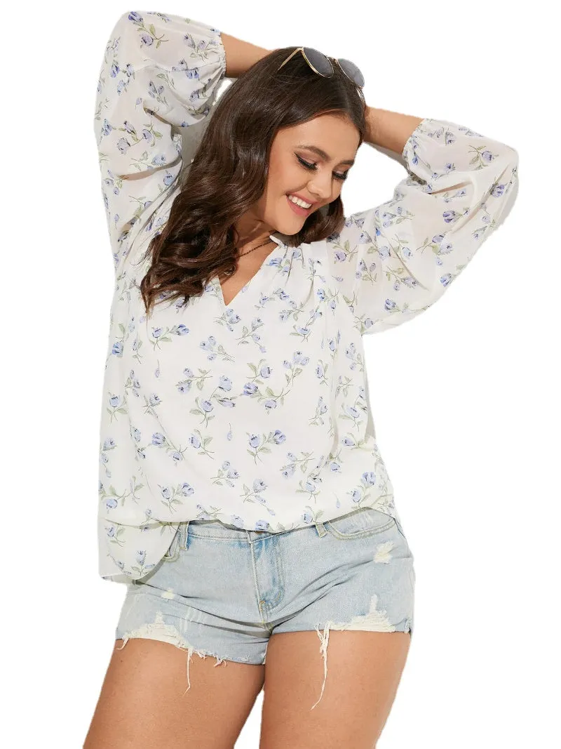 Plus Size V-neck Floral Print Long Sleeves Blouse