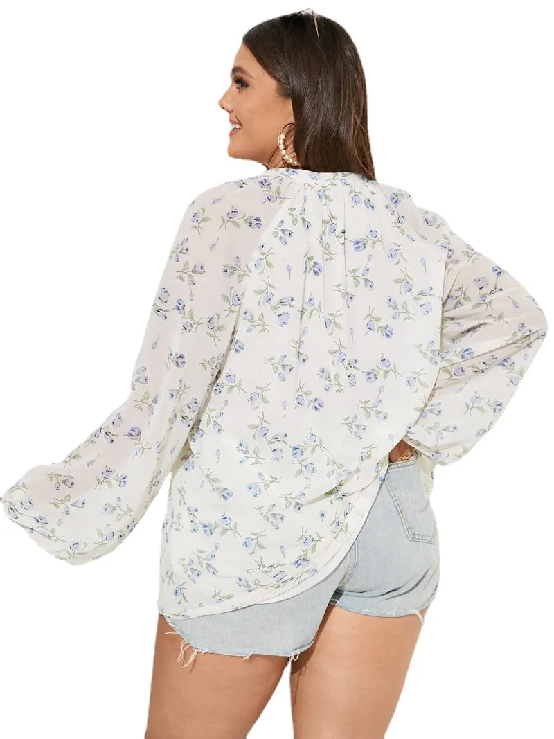 Plus Size V-neck Floral Print Long Sleeves Blouse